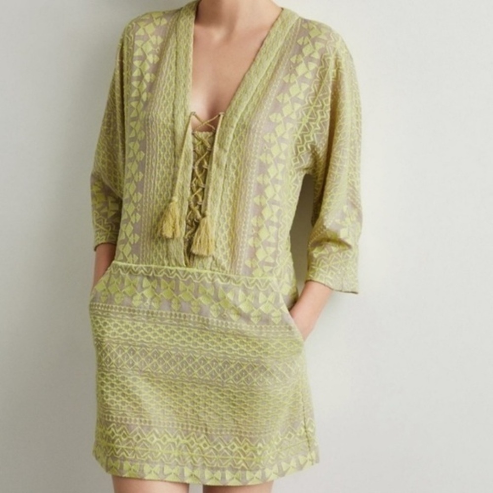 BCBGMaxAzria Neon Yellow & Taupe Milana Embroidered Mini Dress Size XXS
